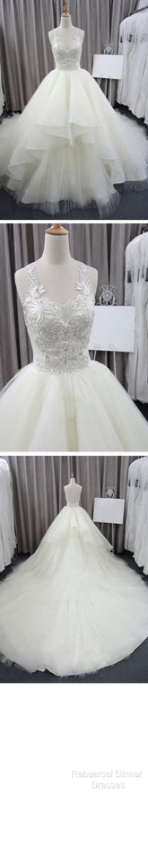 Sleeveless Scoop Yarn Neck  Lace Ivory Tulle Asymmetrical Ball Gown Cathedral Train Wedding Dresses,